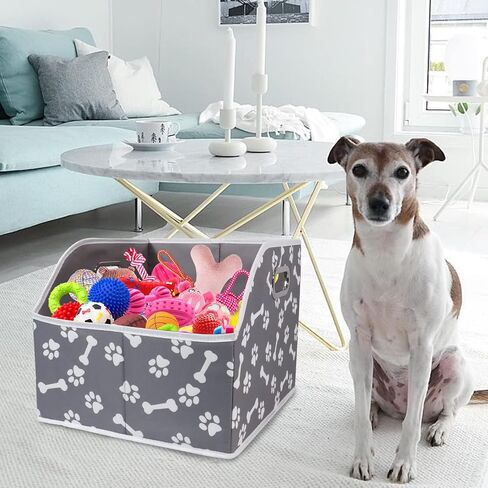 Large Dog Toy Storage Bin, Foldable Trapezoid Box with Handles | Canvas Fabric,Large Capacity, for Pet Supplies,Pet Toy Organizer Basket, Sturdy Metal Handles ,Easy Carry pet storage-Gray in Kuwait