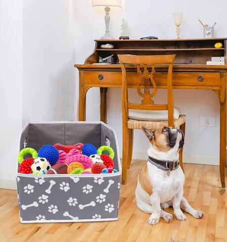 Large Dog Toy Storage Bin, Foldable Trapezoid Box with Handles | Canvas Fabric,Large Capacity, for Pet Supplies,Pet Toy Organizer Basket, Sturdy Metal Handles ,Easy Carry pet storage-Gray in Kuwait