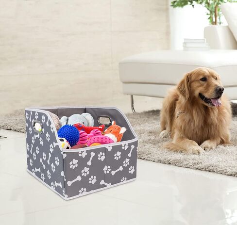 Large Dog Toy Storage Bin, Foldable Trapezoid Box with Handles | Canvas Fabric,Large Capacity, for Pet Supplies,Pet Toy Organizer Basket, Sturdy Metal Handles ,Easy Carry pet storage-Gray in Kuwait
