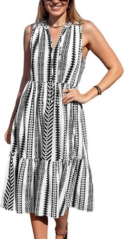 CUPSHE Women's Ruffle Beach Maxi Dress Split V Neck A Line Sleeveless Stripe Geometric Pattern Casual Summer Dresses in Saudi Arabia