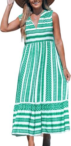 CUPSHE Women's Ruffle Beach Maxi Dress Split V Neck A Line Sleeveless Stripe Geometric Pattern Casual Summer Dresses in Saudi Arabia