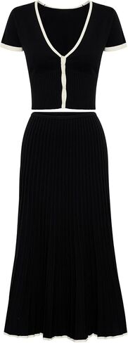 مجموعة تنورة نسائية من Tanming مكونة من قطعتين كاجوال بأكمام قصيرة وتنورة متوسطة الطول بطيات (أسود-M)، مقاس متوسط in Kuwait