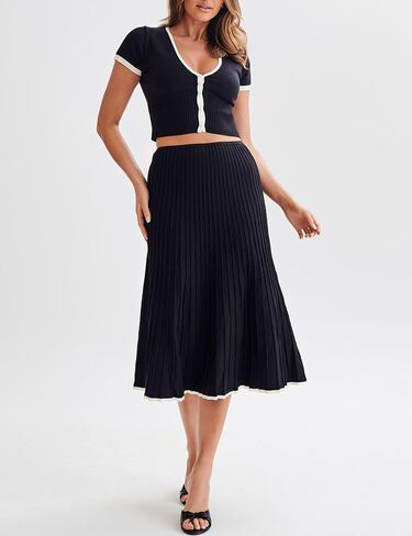 مجموعة تنورة نسائية من Tanming مكونة من قطعتين كاجوال بأكمام قصيرة وتنورة متوسطة الطول بطيات (أسود-M)، مقاس متوسط in Kuwait