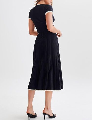 مجموعة تنورة نسائية من Tanming مكونة من قطعتين كاجوال بأكمام قصيرة وتنورة متوسطة الطول بطيات (أسود-M)، مقاس متوسط in Kuwait