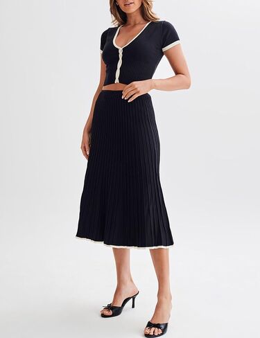 مجموعة تنورة نسائية من Tanming مكونة من قطعتين كاجوال بأكمام قصيرة وتنورة متوسطة الطول بطيات (أسود-M)، مقاس متوسط in Kuwait