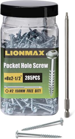 LIONMAX Pocket Wood Screws #8 x 2-1/2", Interior Wood Screws 285PCS, Zinc Plated Screws with Coarse Thread, Washer Head Square Drive, for Pocket Hole Jig, 150MM Drive Bit Included in Saudi Arabia