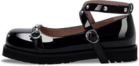 Women's Platform Mary Janes Flats Kawaii Ankle Strap Heart Buckle Patent Leather Closed Toe Goth Stud Strappy Party Shoes in Saudi Arabia