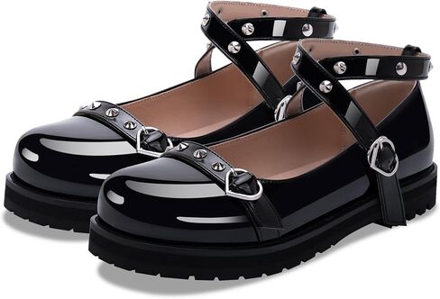 Women's Platform Mary Janes Flats Kawaii Ankle Strap Heart Buckle Patent Leather Closed Toe Goth Stud Strappy Party Shoes in Saudi Arabia