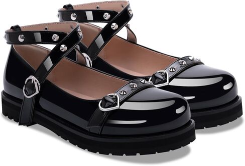 Women's Platform Mary Janes Flats Kawaii Ankle Strap Heart Buckle Patent Leather Closed Toe Goth Stud Strappy Party Shoes in Saudi Arabia