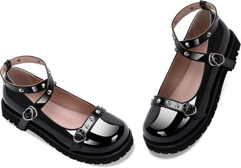 Women's Platform Mary Janes Flats Kawaii Ankle Strap Heart Buckle Patent Leather Closed Toe Goth Stud Strappy Party Shoes in Saudi Arabia