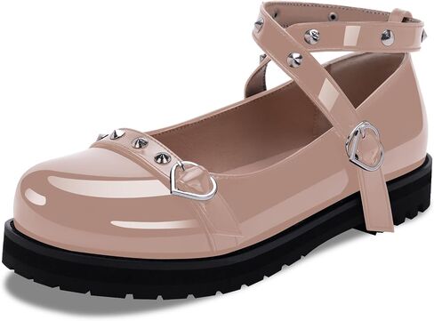 Women's Platform Mary Janes Flats Kawaii Ankle Strap Heart Buckle Patent Leather Closed Toe Goth Stud Strappy Party Shoes in Saudi Arabia