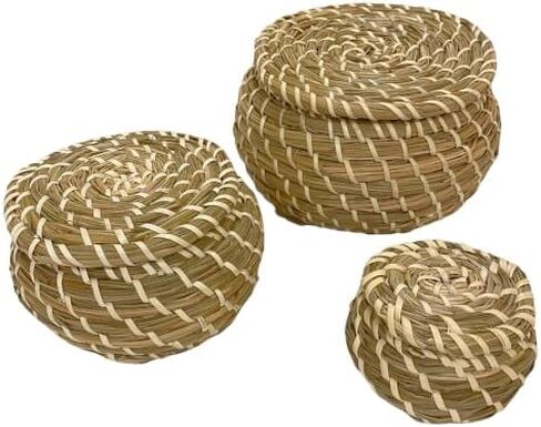 Ikea IKE-803.281.45 FRYKEN Baskets with Lid Made of Seagrass Beach Oats, Set of 3 in Saudi Arabia
