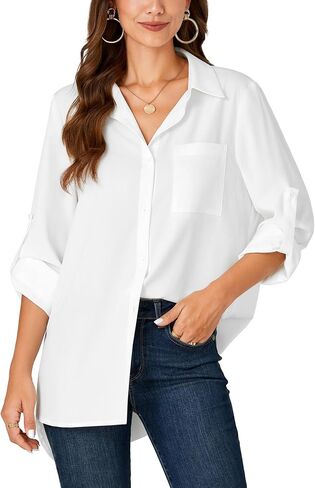 LYANER Women's Button Down Shirts Casual Long Sleeve Dress Shirt Roll Up Collared Work Blouse Top with Pocket in Saudi Arabia