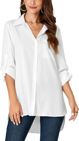 LYANER Women's Button Down Shirts Casual Long Sleeve Dress Shirt Roll Up Collared Work Blouse Top with Pocket in Saudi Arabia