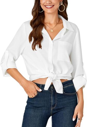 LYANER Women's Button Down Shirts Casual Long Sleeve Dress Shirt Roll Up Collared Work Blouse Top with Pocket in Saudi Arabia