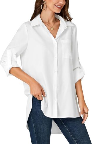 LYANER Women's Button Down Shirts Casual Long Sleeve Dress Shirt Roll Up Collared Work Blouse Top with Pocket in Saudi Arabia