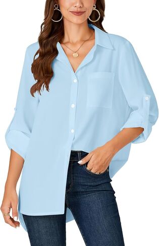 LYANER Women's Button Down Shirts Casual Long Sleeve Dress Shirt Roll Up Collared Work Blouse Top with Pocket in Saudi Arabia