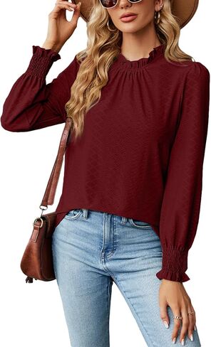 IFFEI المرأة طويلة الأكمام أنيقة قمم عارضة هدب وهمية الرقبة الصلبة البلوزات فضفاضة تناسب قميص أعلى in Kuwait