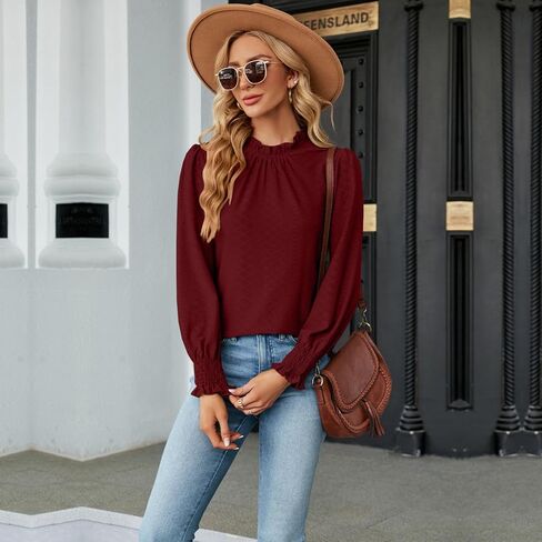 IFFEI المرأة طويلة الأكمام أنيقة قمم عارضة هدب وهمية الرقبة الصلبة البلوزات فضفاضة تناسب قميص أعلى in Kuwait