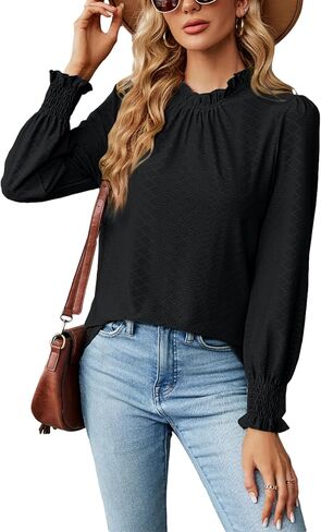 IFFEI Women's Long Sleeve Dressy Tops Casual Frill Mock Neck Solid Blouses Loose Fit Shirt Top in Saudi Arabia