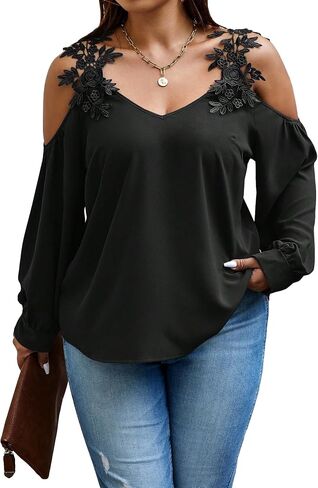 SOLY HUX Women's Plus Size Contrast Lace Appliques Blouse Cold Shoulder Long Sleeve Tops in Saudi Arabia