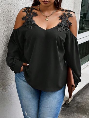SOLY HUX Women's Plus Size Contrast Lace Appliques Blouse Cold Shoulder Long Sleeve Tops in Saudi Arabia