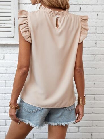 MakeMeChic Women's Ruffle Trim Cap Sleeve Tops Workwear Casual Solid Frill Neck Blouse in Saudi Arabia