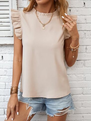 MakeMeChic Women's Ruffle Trim Cap Sleeve Tops Workwear Casual Solid Frill Neck Blouse in Saudi Arabia