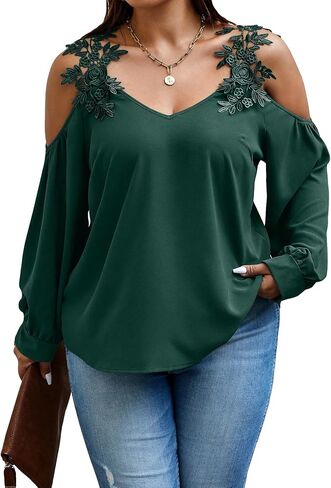 SOLY HUX Women's Plus Size Contrast Lace Appliques Blouse Cold Shoulder Long Sleeve Tops in Saudi Arabia