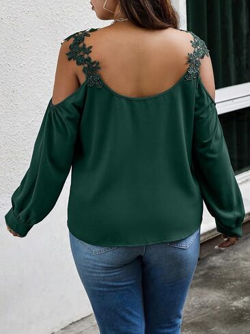 SOLY HUX Women's Plus Size Contrast Lace Appliques Blouse Cold Shoulder Long Sleeve Tops in Saudi Arabia
