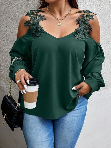 SOLY HUX Women's Plus Size Contrast Lace Appliques Blouse Cold Shoulder Long Sleeve Tops in Saudi Arabia
