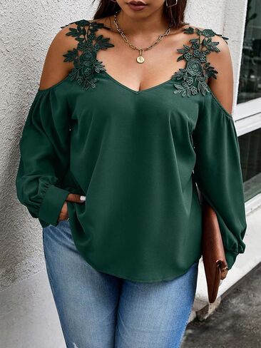 SOLY HUX Women's Plus Size Contrast Lace Appliques Blouse Cold Shoulder Long Sleeve Tops in Saudi Arabia