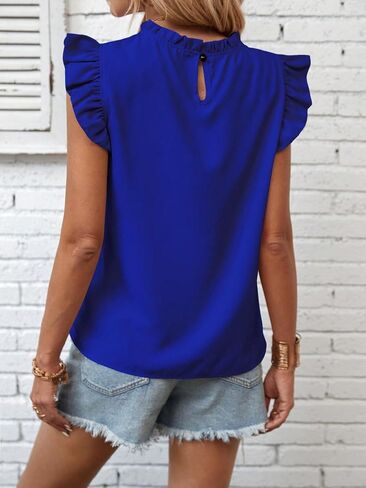 MakeMeChic Women's Ruffle Trim Cap Sleeve Tops Workwear Casual Solid Frill Neck Blouse in Saudi Arabia