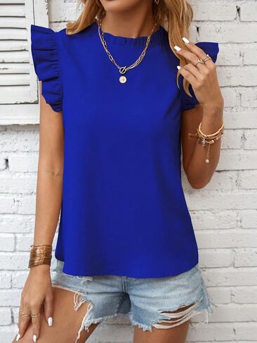 MakeMeChic Women's Ruffle Trim Cap Sleeve Tops Workwear Casual Solid Frill Neck Blouse in Saudi Arabia