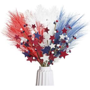 6 Pack Patriotic Artificial Flowers Red White Blue Berry Stems Picks 4th of July Faux Pampas Grass with Wood Stars for Independence Day Memorial Day Home Office Table Decor