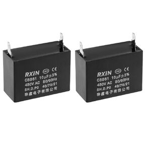 uxcell Ceiling Fan Capacitor CBB61 10uF 450V AC Single Insert Metalized Polypropylene Film Capacitors 47x25x42.5mm for Water Pump Motor Generator, Pack of 2
