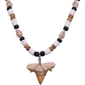 BlueRica Fossil Shark Tooth on Coconut Shell Beads Necklace (18" 2S)