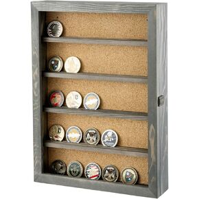 MyGift Wall Mounted Vintage Gray Solid Wood Challenge Coin Display Case, Hanging Shadow Box with Clear Viewing Panel on Hinged Door, Metal Latch, and Corkboard Backing