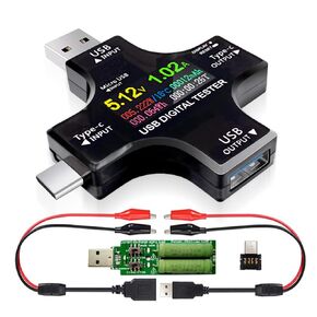 USB C Tester, 2 in 1 Type C USB Tester Color Screen IPS Digital Multimeter,Voltage,Current,Power,Resistance,Temperature,Capacity Detector,with Clip Cable Support PD2.0/PD3.0,QC2.0/QC3.0,BC1.2