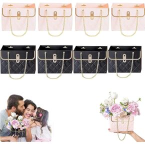 Dfcdcoo 8pcs Flower Paper Gift Box,valentines day bag Gift Box,Bouquet Bags Flower Box with metal chain Gift Case,Flower Boxes for Arrangements Wedding Valentine's Day Gift Wrap Bags (black+pink)
