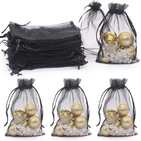 Yordearly 50pcs Organza Bags 4x6 inch, Black Sheer Mesh Bags with Drawstring, Small Gift Bags for Candy Jewelry Pouch Party Wedding Christmas Favor