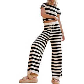 Two Piece Striped Knit Sets for Women Short Sleeve Crop Top and Wide Leg Pants Lounge Sets