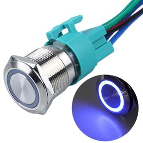 22mm Latching Push Button Switch Large Current 15Amp 12V-24V 2NO Waterproof Anti-Vandal Switch with Pre-wired Socket for 7/8" Mounting Hole with Halo Ring Red LED