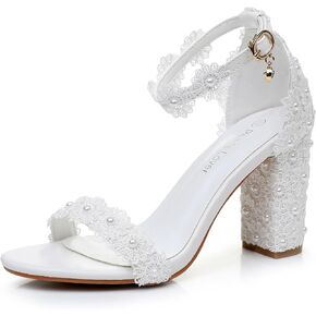 3.75 Inches White Womens Heeled Sandals Open Toe Lace Elegant Simple Wedding Party Bridal Shoes Block Heel Ankle Strap Sandals