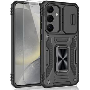 for Samsung Galaxy S24 Case, Shockproof Phone Case with Sliding Camera Cover & Rotatable Ring Holder Kickstand + Tempered Glass Screen Protector for Galaxy S24 (6.2", 2024) [Alpine Green]