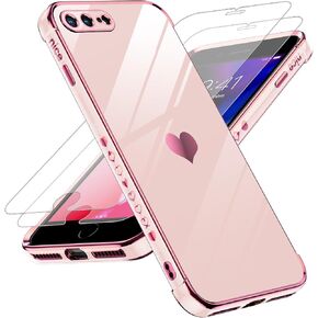 LeYi for iPhone-7 Plus iPhone-8 Plus Case: with Tempered Glass Screen Protector [2 Pcs]+ Full Camera Lens Protection, Love Heart Plating Women Shockproof Case for iPhone 7 Plus/iPhone 8 Plus, Black