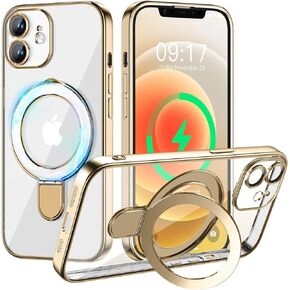 Magnetic for iPhone 12 Case with Invisible Stand[Compatible with MagSafe][Full Camera Lens Protector][Military Drop Protection] Shockproof Not Yellowing Clear Slim Soft for Women Men