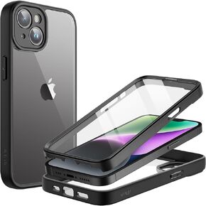 حافظة JETech لهاتف iPhone 14 مقاس 6.1 بوصة مع واقي شاشة مدمج من الزجاج المقسى، وغطاء كامل للكاميرا حماية شاملة، وغطاء هاتف مقاوم للصدمات، وظهر شفاف، وفيلم HD (أسود)