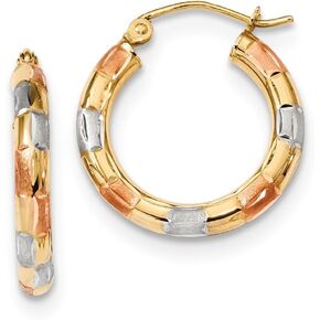 Solid 14k Yellow Gold White and Rose, Diamond-Cut Hoop Brushed Matte Finish Earrings - 21mm x 19mm