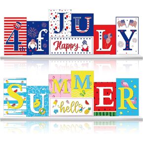 Chunful Reversible Hello Summer 4th of July Patriotic Decorations Independence Day Wooden Sign Watermelon Summer Decor Red White Blue 4th of July Decor Memorial Day Farmhouse Table Decor for Tier Tray